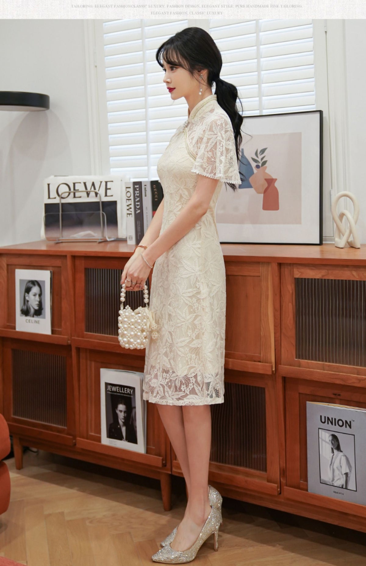 Plus Size A Line Flutter Sleeve Lace Cheongsam Dress