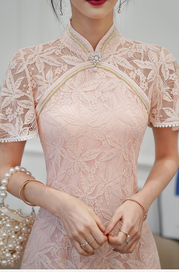 Plus Size A Line Flutter Sleeve Lace Cheongsam Dress