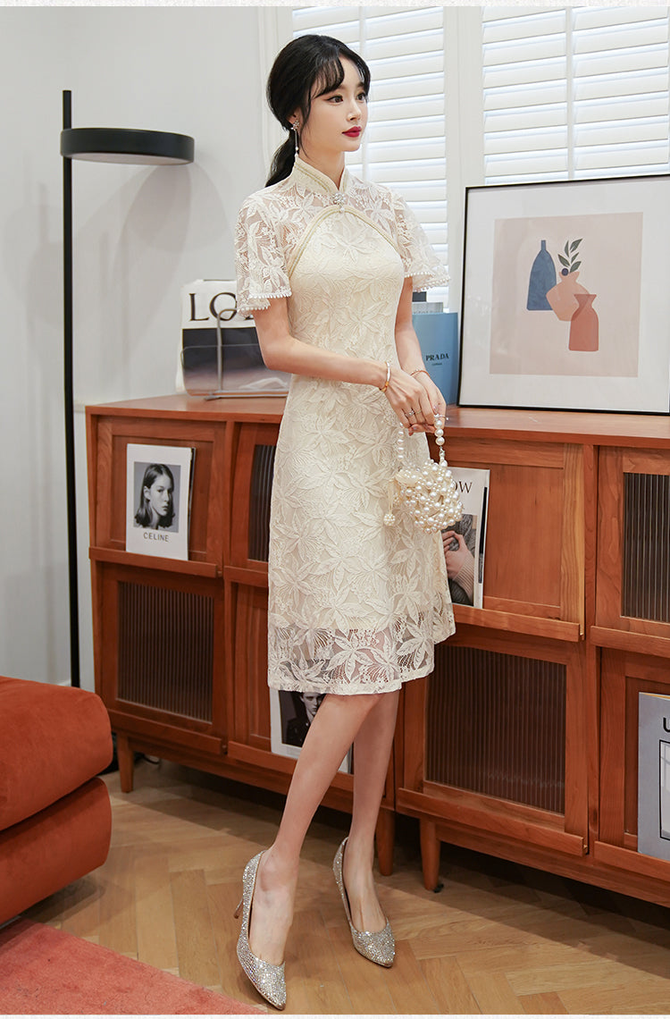 Plus Size A Line Flutter Sleeve Lace Cheongsam Dress