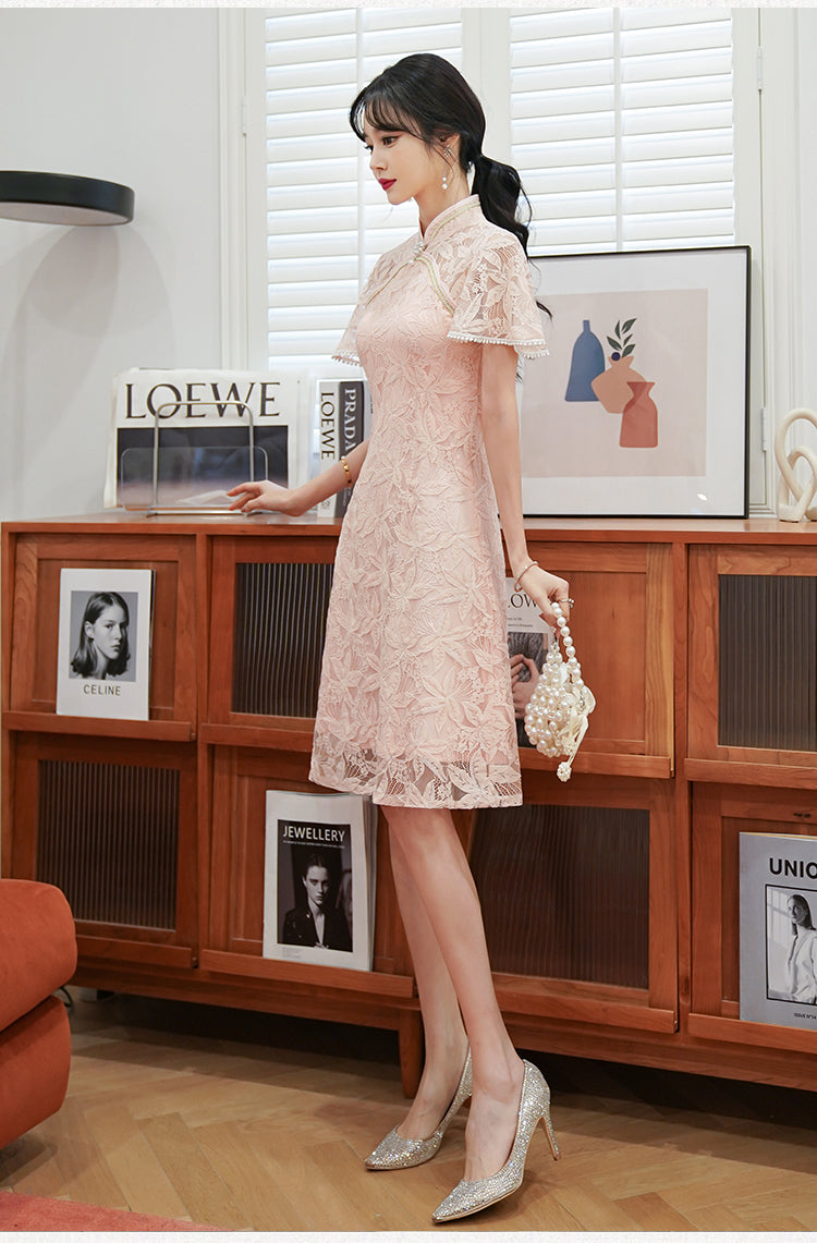 Plus Size A Line Flutter Sleeve Lace Cheongsam Dress