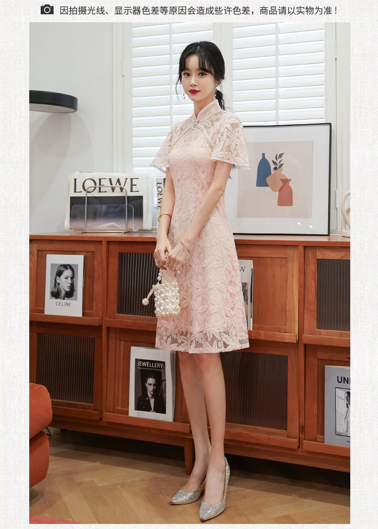 Plus Size A Line Flutter Sleeve Lace Cheongsam Dress