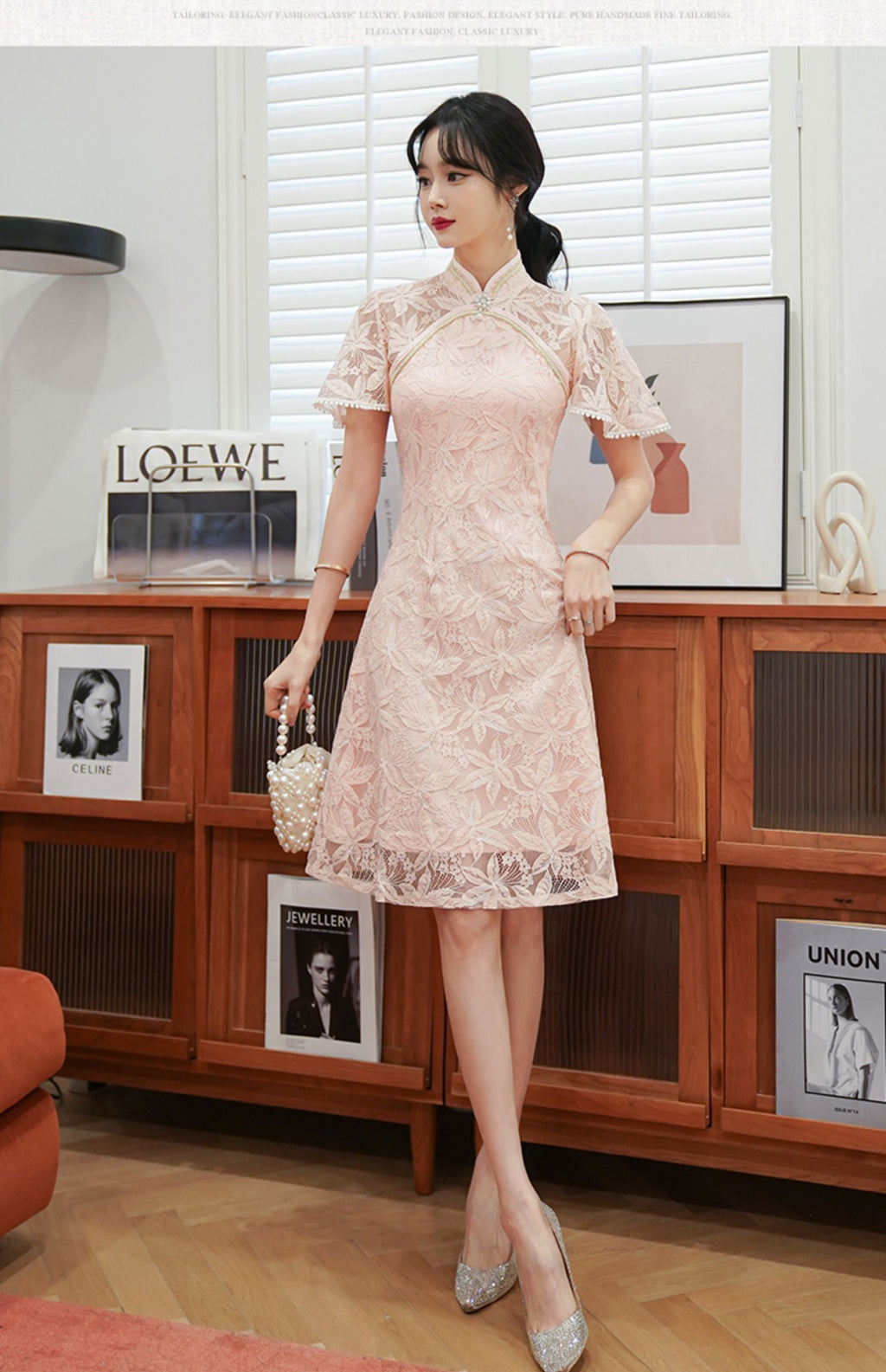 Plus Size A Line Flutter Sleeve Lace Cheongsam Dress