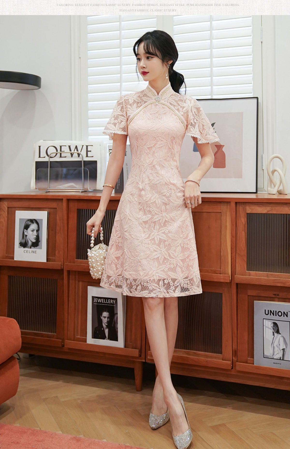 Plus Size A Line Flutter Sleeve Lace Cheongsam Dress