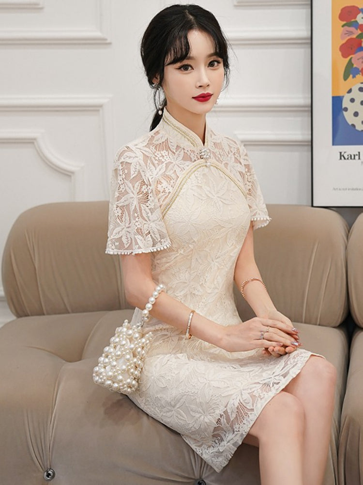Plus Size A Line Flutter Sleeve Lace Cheongsam Dress