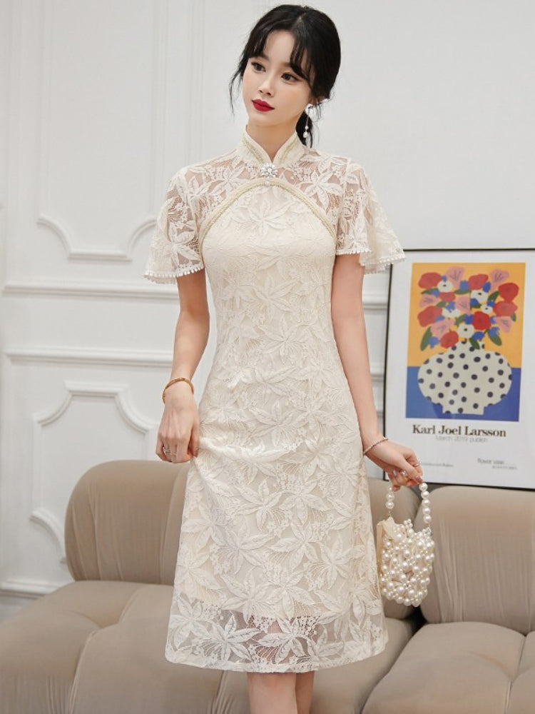 Plus Size A Line Flutter Sleeve Lace Cheongsam Dress
