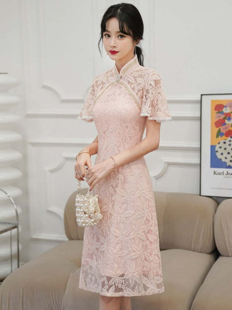 Plus Size A Line Flutter Sleeve Lace Cheongsam Dress