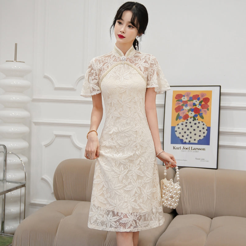 Plus Size A Line Flutter Sleeve Lace Cheongsam Dress