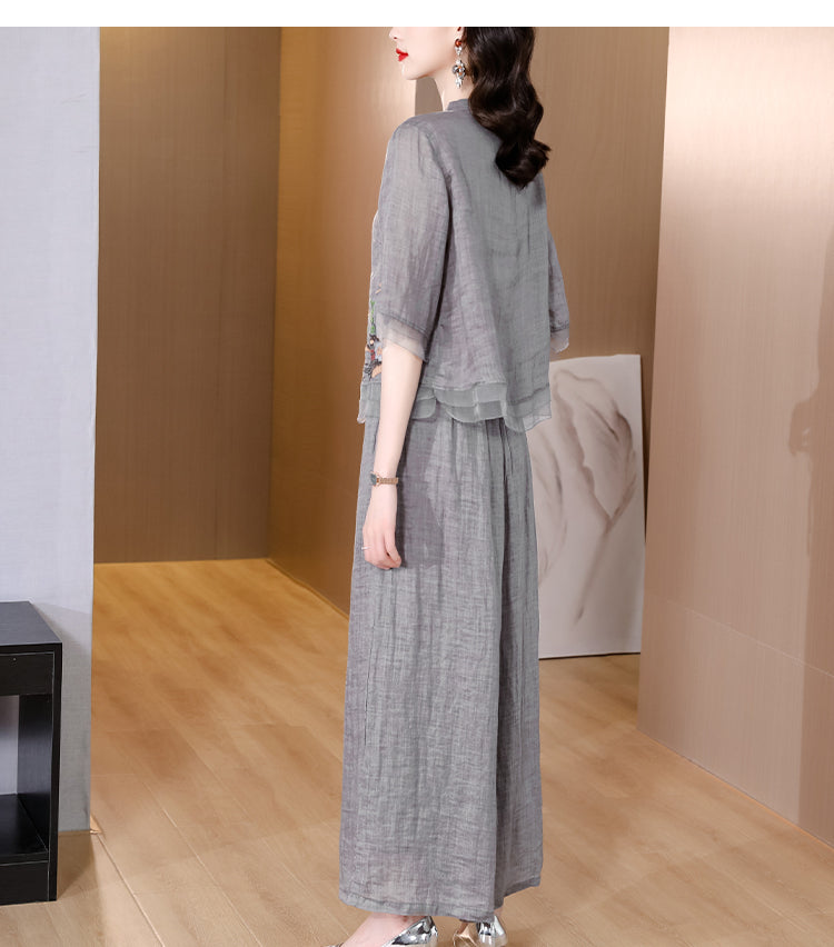 Plus Size Oriental Blouse Cheongsam and Wide Leg Pants Set