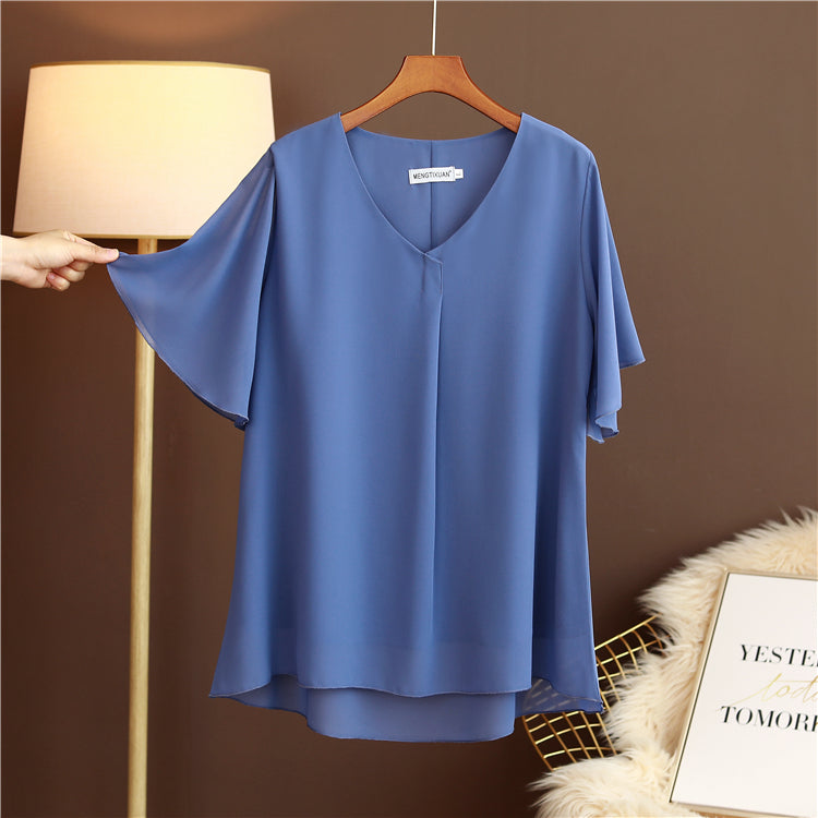 Plus Size V Neck Pleat Flutter Sleeve Blouse