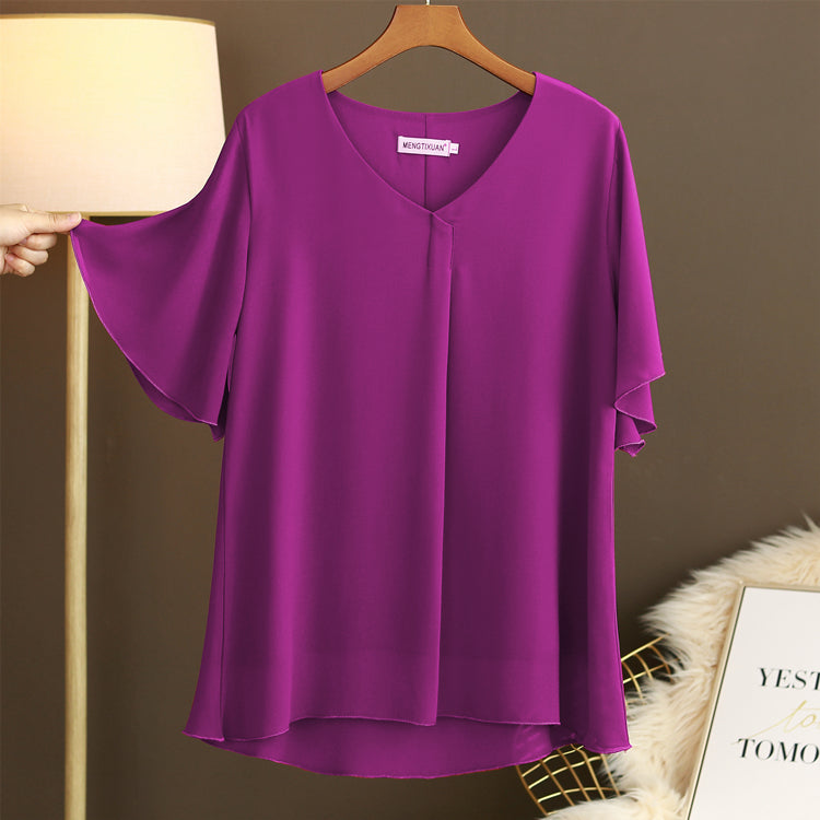 Plus Size V Neck Pleat Flutter Sleeve Blouse