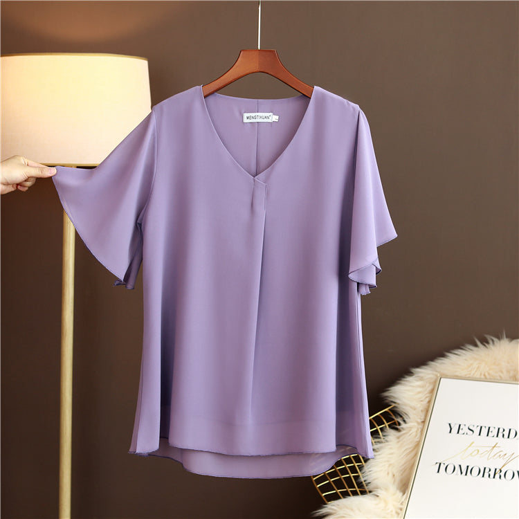 Plus Size V Neck Pleat Flutter Sleeve Blouse