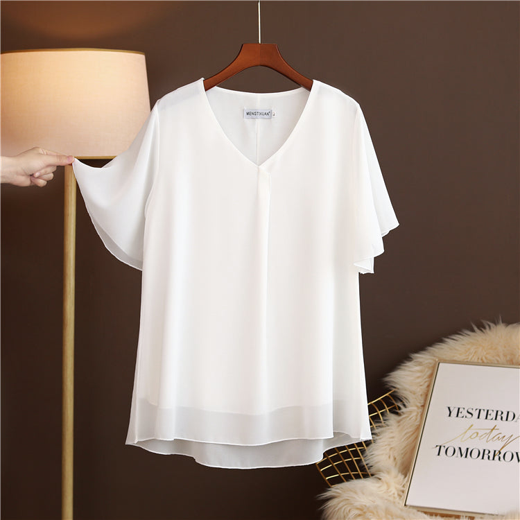 Plus Size V Neck Pleat Flutter Sleeve Blouse