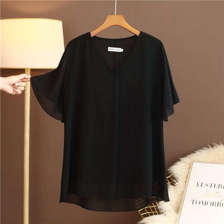 Plus Size V Neck Pleat Flutter Sleeve Blouse