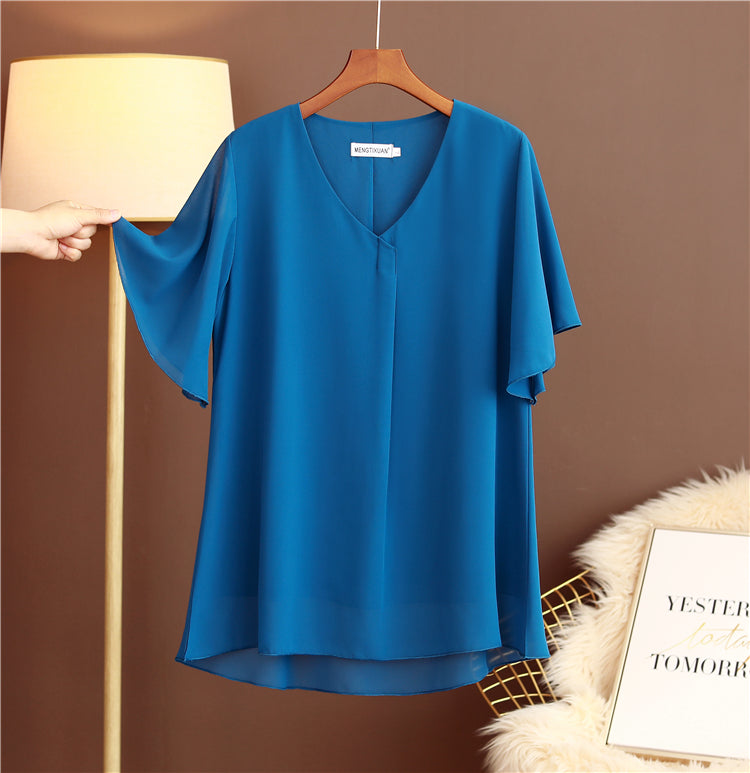 Plus Size V Neck Pleat Flutter Sleeve Blouse