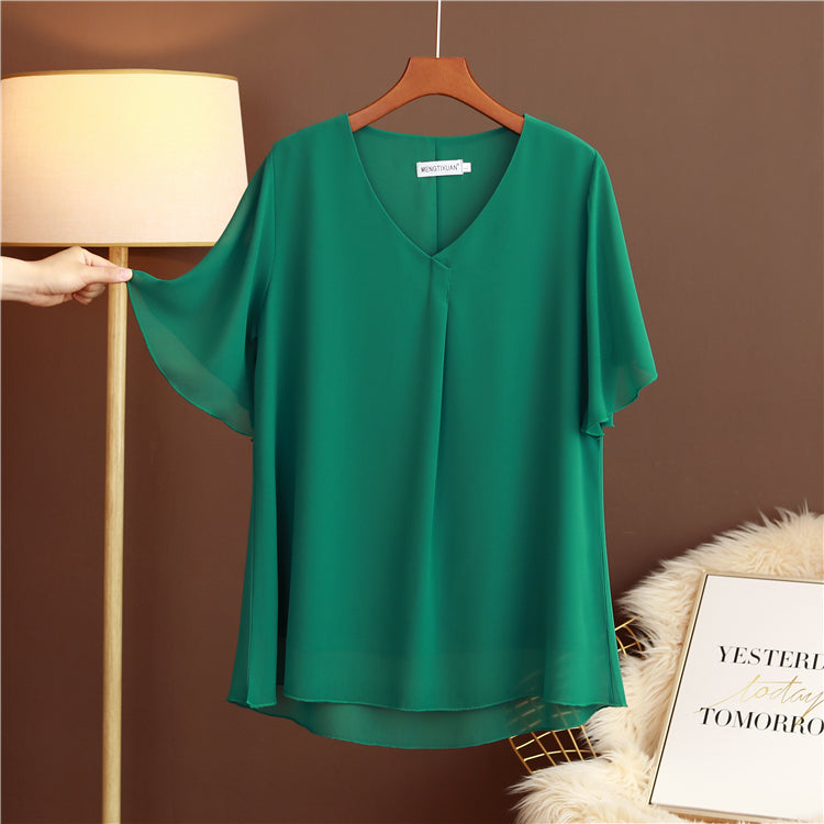 Plus Size V Neck Pleat Flutter Sleeve Blouse