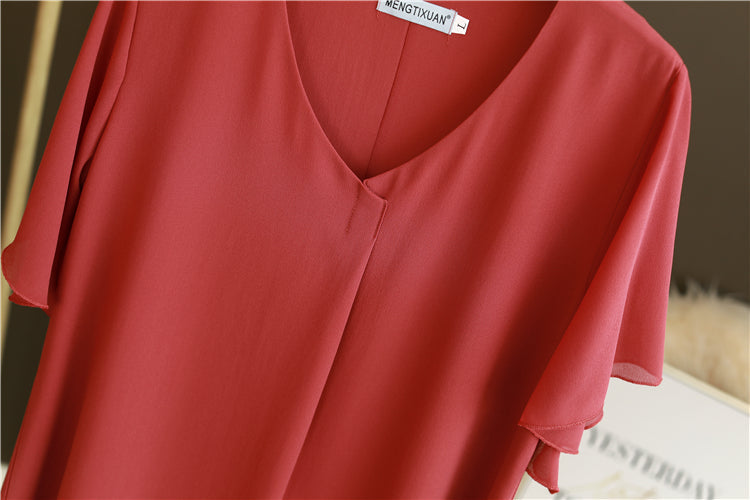 Plus Size V Neck Pleat Flutter Sleeve Blouse