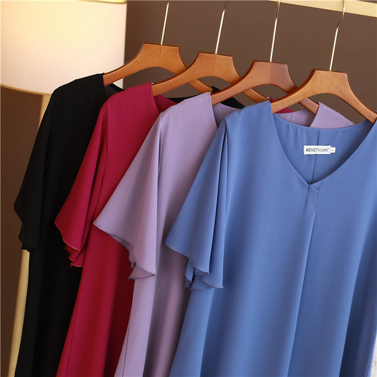 Plus Size V Neck Pleat Flutter Sleeve Blouse