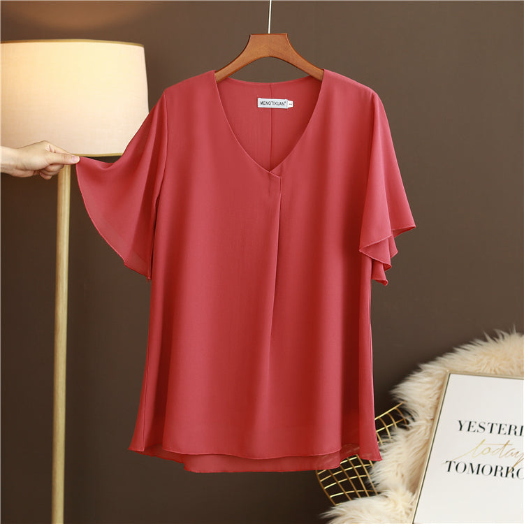 Plus Size V Neck Pleat Flutter Sleeve Blouse
