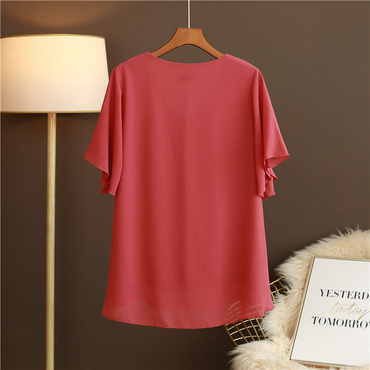 Plus Size V Neck Pleat Flutter Sleeve Blouse