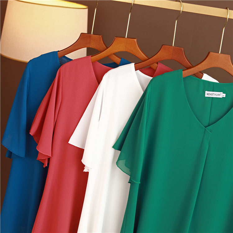 Plus Size V Neck Pleat Flutter Sleeve Blouse