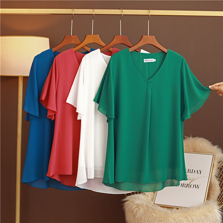 Plus Size V Neck Pleat Flutter Sleeve Blouse
