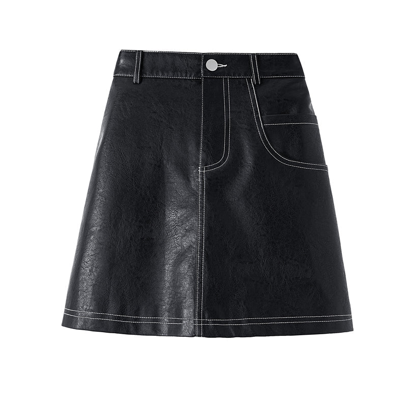 Plus size Korean PU obvious stitch mini skirt