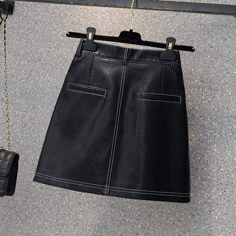 Plus size Korean PU obvious stitch mini skirt