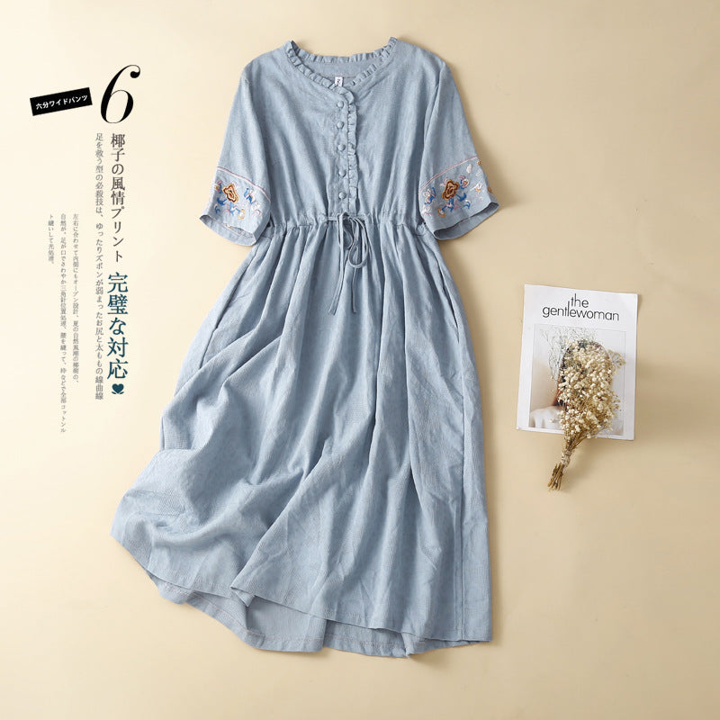 Plus Size Embroidered Waist Tie Midi Dress