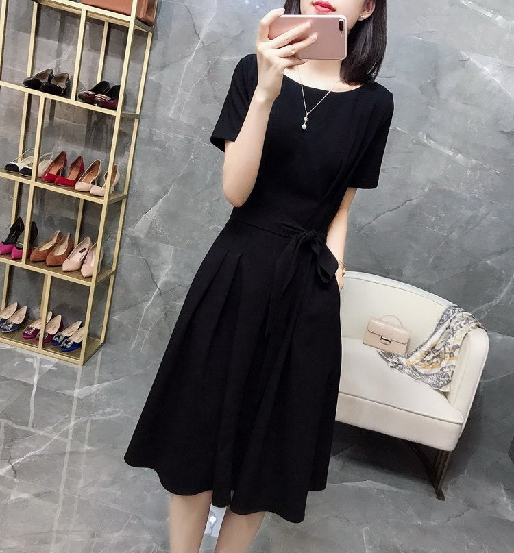 Plus Size Waist Tie Black A Line Dress
