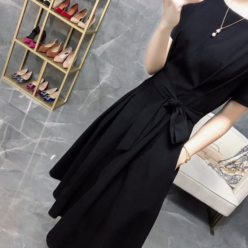 Plus Size Waist Tie Black A Line Dress