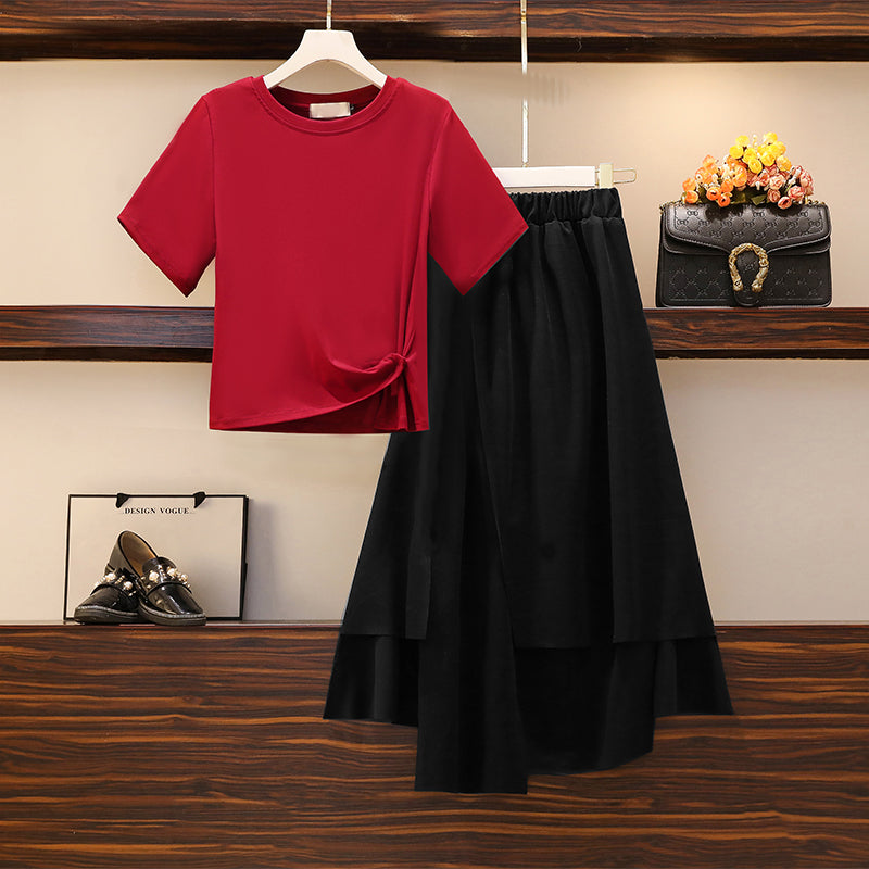 Plus size Korean red top and skirt set