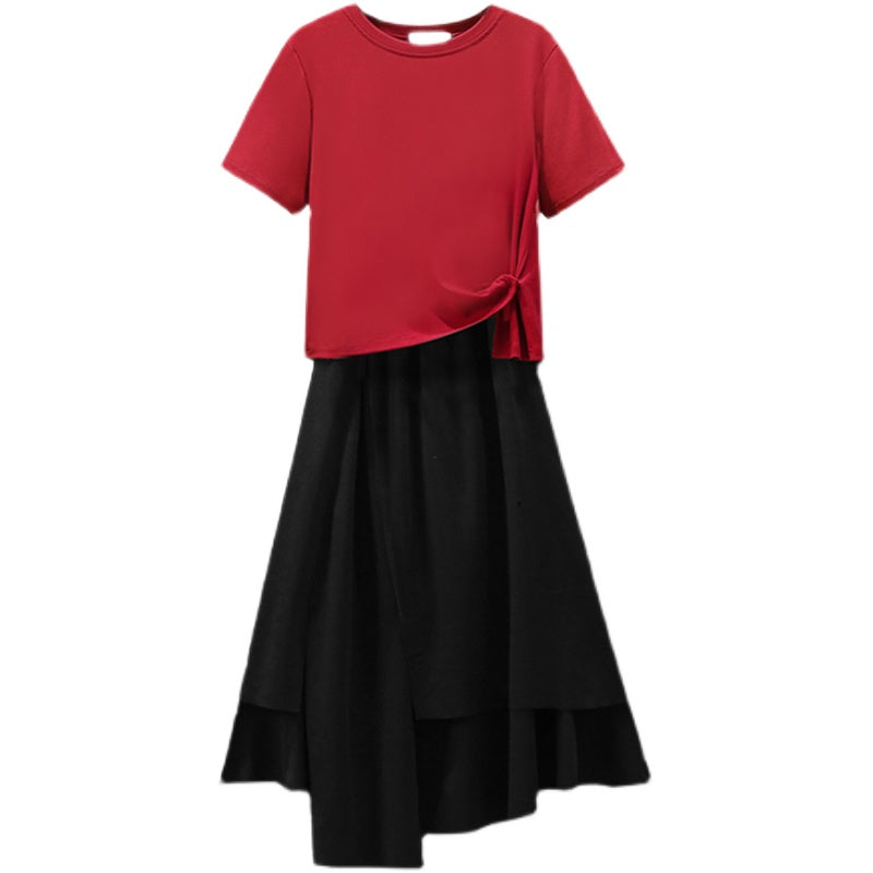 Plus size Korean red top and skirt set