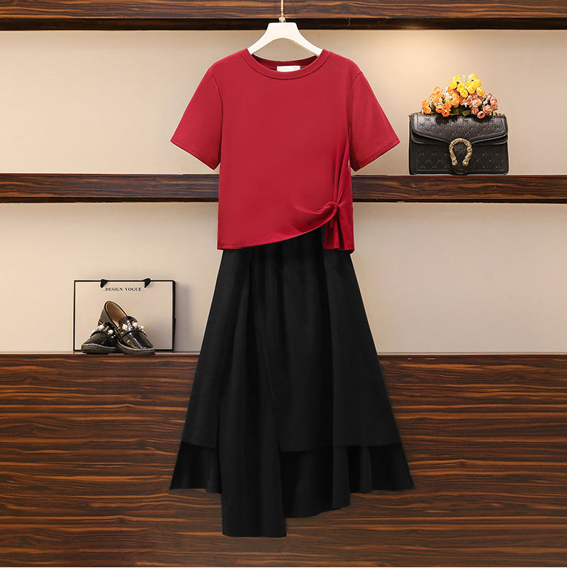 Plus size Korean red top and skirt set