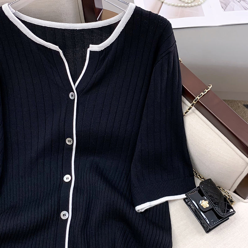 Plus Size Korean Knit Rib Notch Neck Blouse