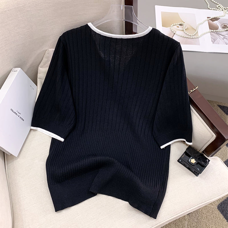 Plus Size Korean Knit Rib Notch Neck Blouse