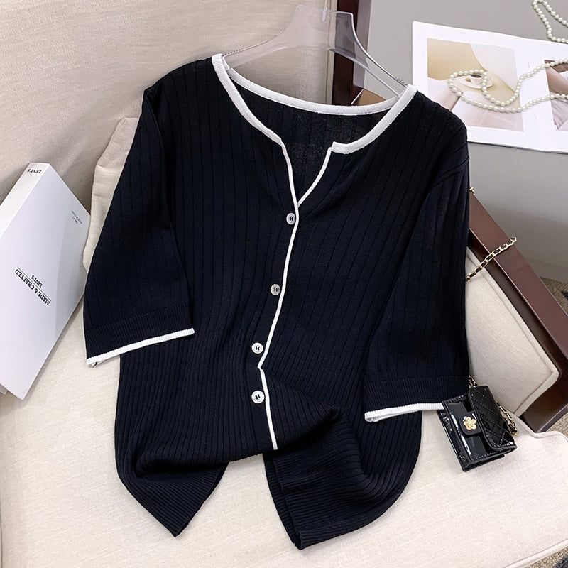 Plus Size Korean Knit Rib Notch Neck Blouse