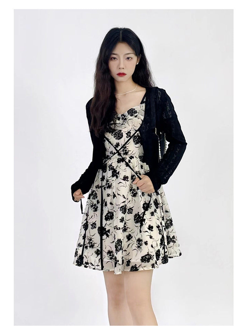 Plus Size Monochrome Floral Korean Dress