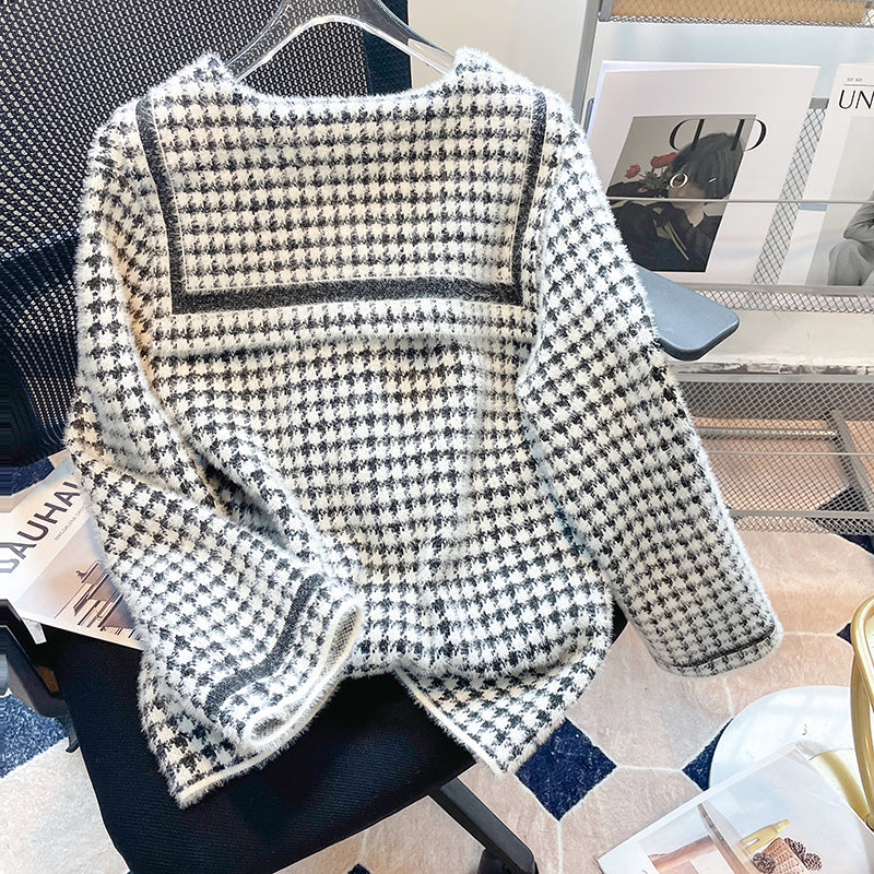Plus Size Korean Tweed Houndstooth Jacket