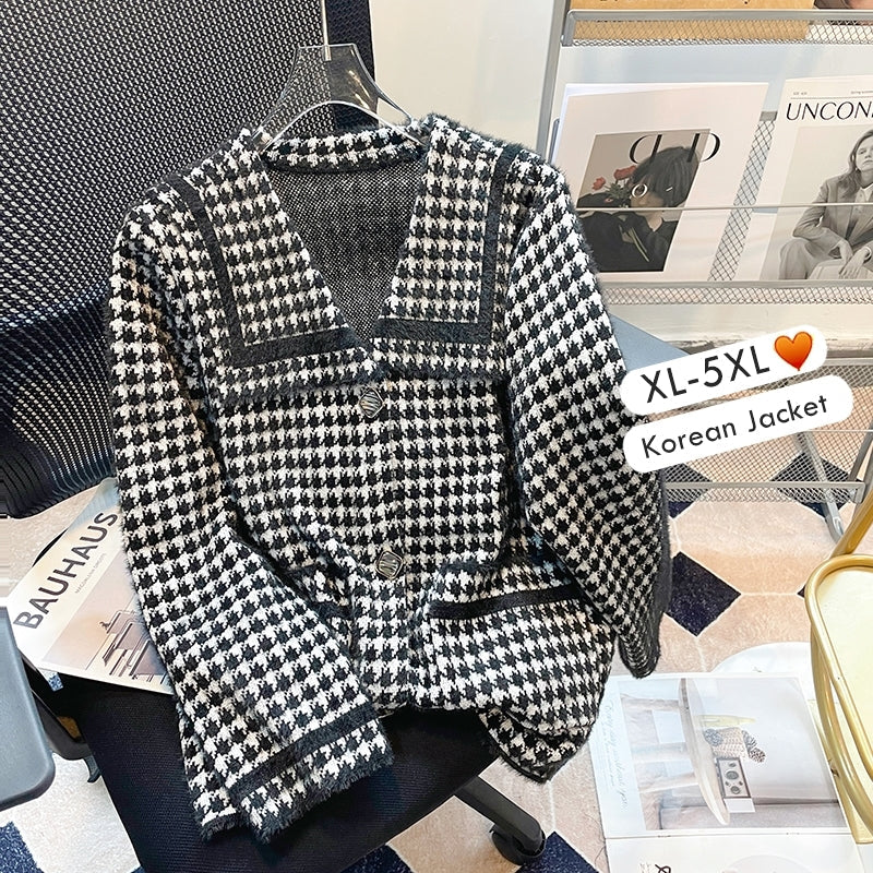 Plus Size Korean Tweed Houndstooth Jacket
