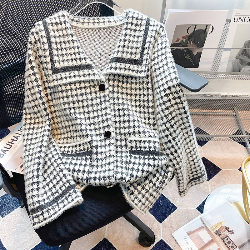 Plus Size Korean Tweed Houndstooth Jacket