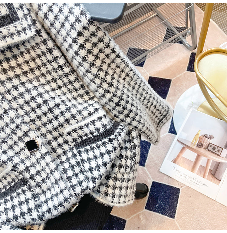 Plus Size Korean Tweed Houndstooth Jacket