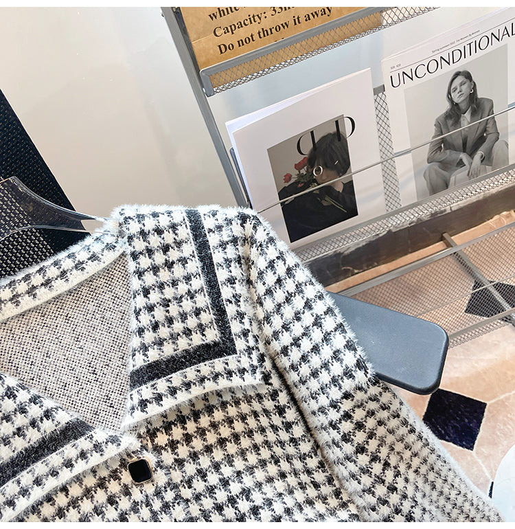 Plus Size Korean Tweed Houndstooth Jacket
