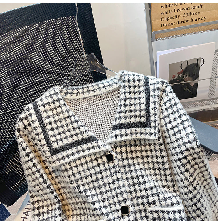 Plus Size Korean Tweed Houndstooth Jacket