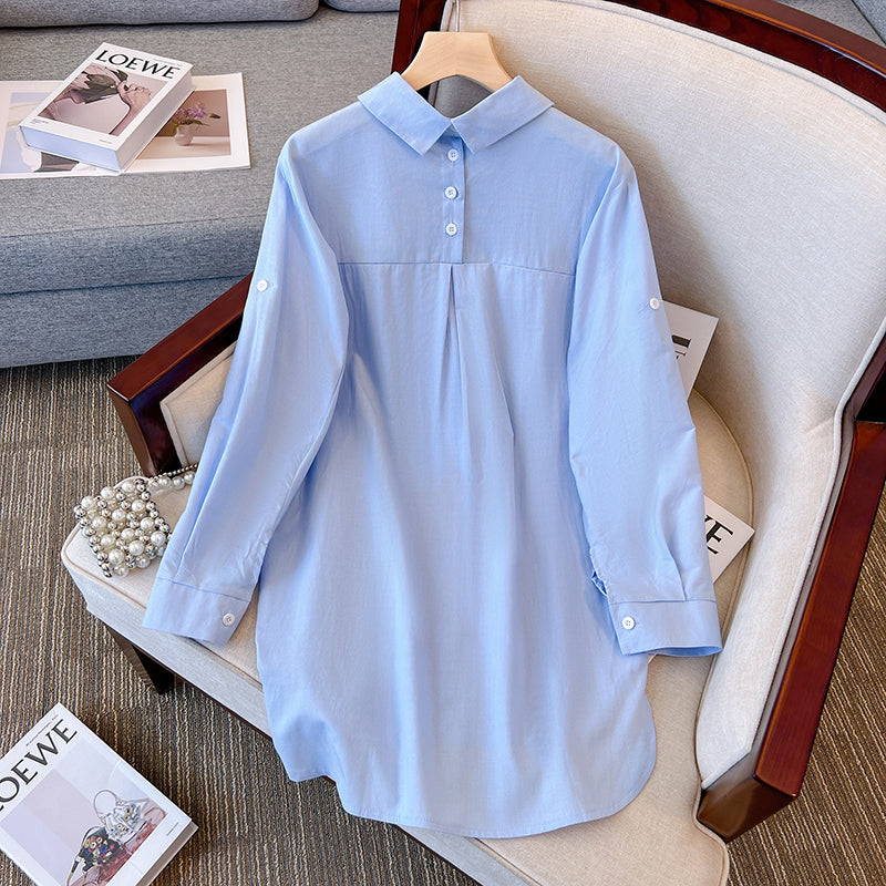 Plus Size Korean Button Tunic Long Sleeve Shirt