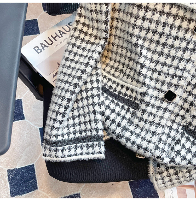 Plus Size Korean Tweed Houndstooth Jacket