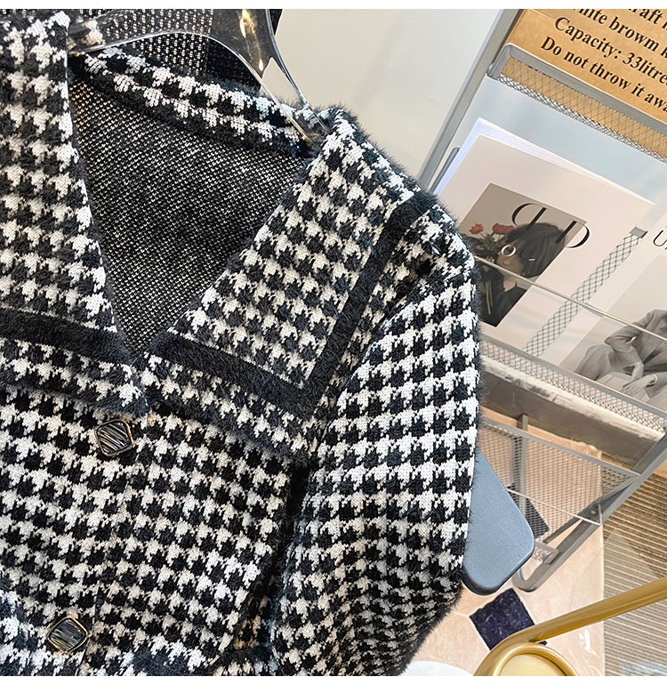 Plus Size Korean Tweed Houndstooth Jacket