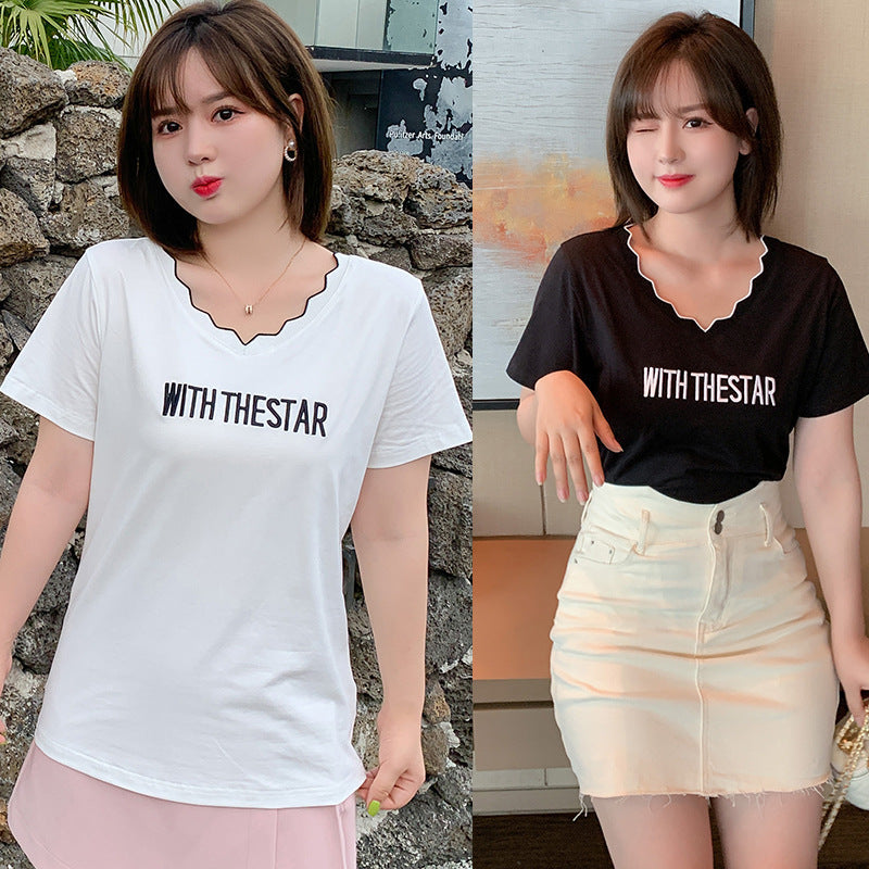 Plus Size Words V Neck Tee (EXTRA BIG SIZE)