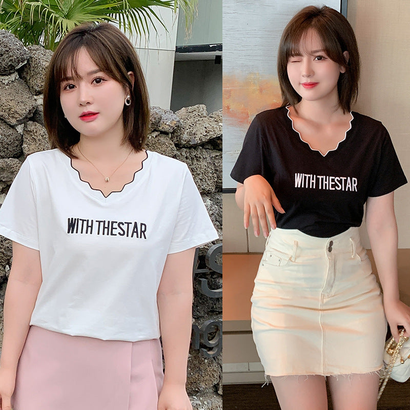 Plus Size Words V Neck Tee (EXTRA BIG SIZE)