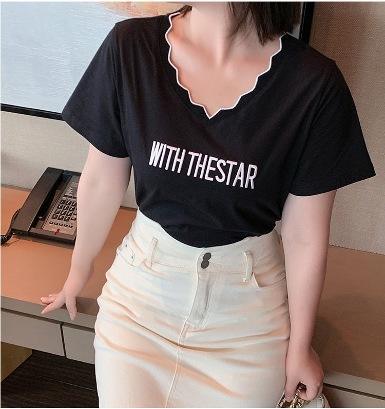 Plus Size Words V Neck Tee (EXTRA BIG SIZE)