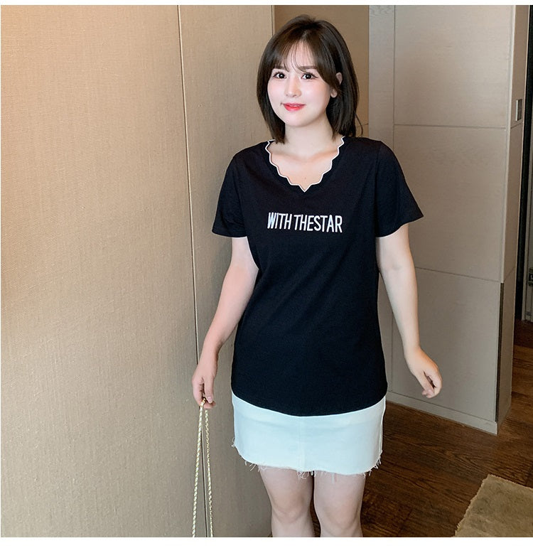 Plus Size Words V Neck Tee (EXTRA BIG SIZE)